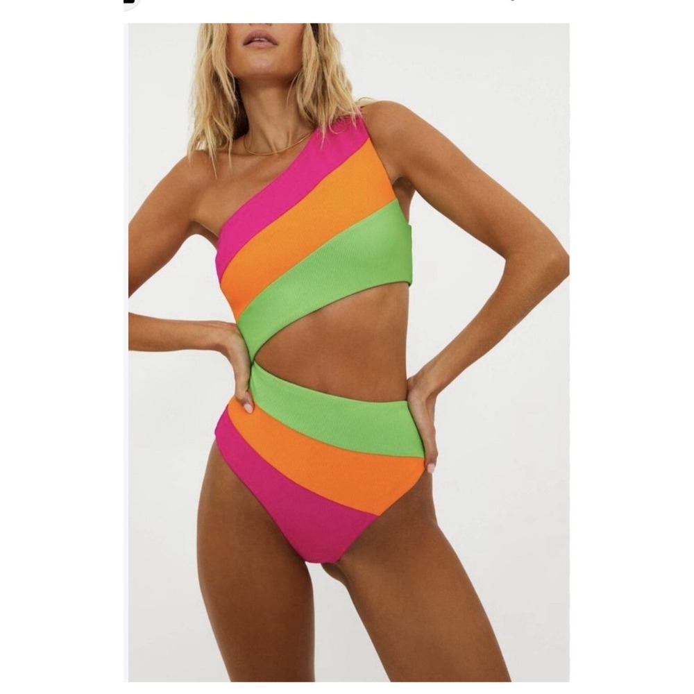 NEW Beach Riot Joyce Stripe Cutout One-Piece Swimsuit Pink Orange Green Ribbed M